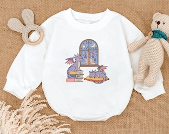 Fantasy Dragon Book Baby Sweater Romper, Cozy Castle Night Window, Magical Purple Baby Dragons, Birthday Baby Outfit Gift