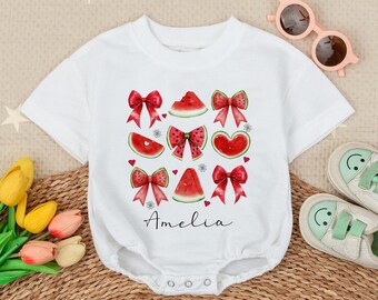 Summer Baby Girl Outfit, Watermelon and Bow Romper, Cute Fruit Baby Clothes, Watermelon Birthday Baby Romper, Sleepsuit Baby Bodysuit