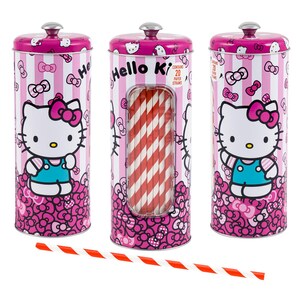 May include: A set of three Hello Kitty-themed metal containers. The containers are pink and white with Hello Kitty graphics and the text "Hello Kitty". One container has a window showing red and white striped paper straws. The set includes a single straw.