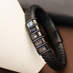 Engraved Leather Family Name Bracelet | Personalized Copper Beads