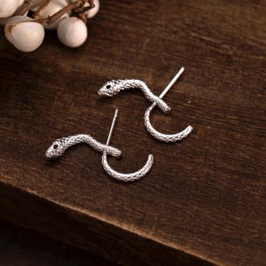 May include: A pair of silver-toned stud earrings shaped like small snakes. Each earring features a textured, scaled body that curves into a semi-circle, with a post extending from the head of the snake to secure the piece to the earlobe.