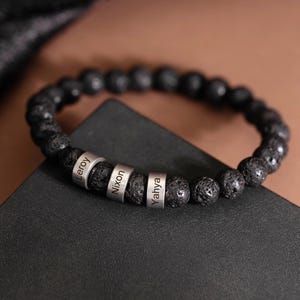 Lava Stone Bracelet, Mens Beaded Wristband, Custom Name Jewelry, Engraved Gift for Him, Fathers Day Valentines Gift, Anniversary Present
