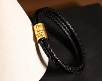 Men's Engraved Name Leather Bracelet | Custom Message Jewelry Gift