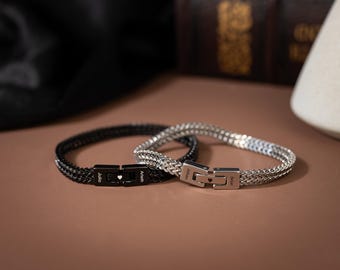 Engraved Men's Stainless Steel Bracelet,Curb Chain Bracelet,Engraved Chain,Black or Silver Father Bracelet,Christmas Gift for Him