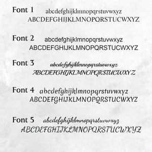 May include: A white background with five different font styles displayed. Each font shows lowercase and uppercase alphabets. The fonts are labeled Font 1 through Font 5, showcasing various styles for design projects.
