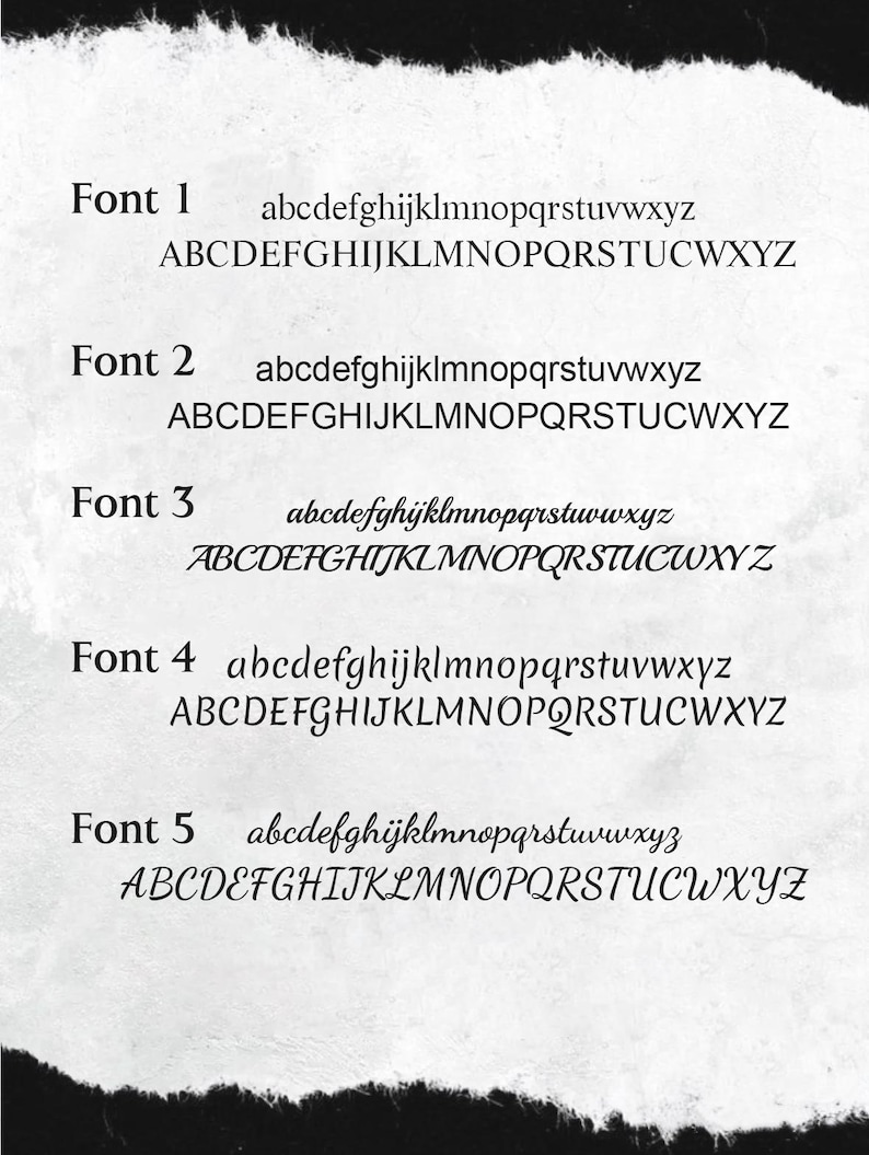 May include: A white background with five different font styles displayed. Each font shows lowercase and uppercase alphabets. The fonts are labeled Font 1 through Font 5, showcasing various styles for design projects.