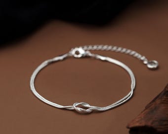 18K Gold Knot Bracelet,Love Knot Bracelet,Double Snake Chain Bracelet,Minimalist Jewelry,Couples Bracelet,Valentine's Day Gift,Gift for Her