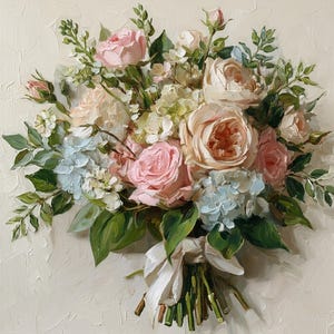 May include: An oil painting on canvas depicting a bouquet of flowers featuring soft pink and peach roses, light blue hydrangea clusters, and green foliage. The stems are tied together with a white ribbon, all rendered with visible, thick brushstrokes.