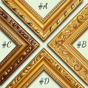 May include: Four gold-toned picture frame corners labeled #A, #B, #C, and #D. Frame #A has a beaded edge, #B features ornate floral scrollwork, #C displays a dark metallic finish with raised accents, and #D shows a smooth gold finish with a beaded border.