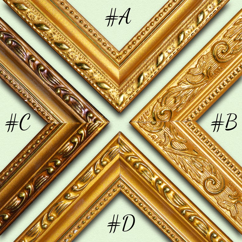 May include: Four gold-toned picture frame corners labeled #A, #B, #C, and #D. Frame #A has a beaded edge, #B features ornate floral scrollwork, #C displays a dark metallic finish with raised accents, and #D shows a smooth gold finish with a beaded border.