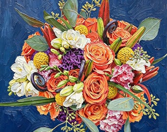 Custom Bouquet Oil Painting Portrait Canvas, Commission Flower Artwork From Photo, Memorial Wedding Bouquet, Personalized Anniversary Gift