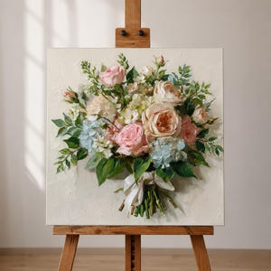 May include: An oil painting on a square canvas resting on a wooden easel, depicting a textured bouquet of pink and cream roses, light blue hydrangeas, and green foliage, tied with a white ribbon against a cream-colored, impasto-style background.