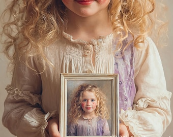 May include: A framed portrait of a young girl with curly blonde hair and rosy cheeks. The frame is a light cream color. The image is held by a person wearing a cream-colored dress. Text at the bottom reads "100% hand painted without printer."