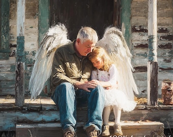 Puede incluir: Una obra de arte pintada a mano representa a un hombre y una niña sentados en unos escalones, ambos con alas de ángel. El hombre lleva una camisa verde y vaqueros azules, mientras que la niña viste un vestido blanco. El texto "100% hand-painted without printer" es visible.