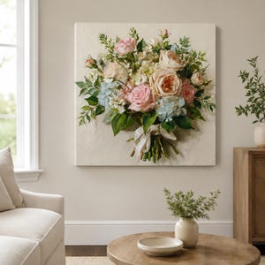 May include: A square wall art piece featuring a textured, impasto-style oil painting of a floral bouquet. The arrangement includes soft pink roses, cream-colored blossoms, and light blue hydrangeas, all tied together with a white ribbon.