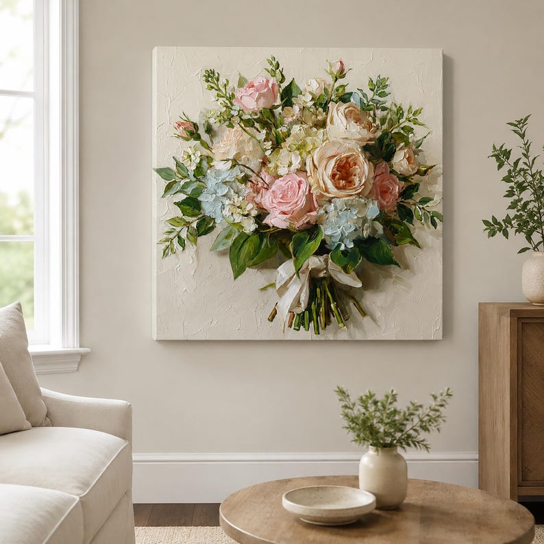 May include: A square wall art piece featuring a textured, impasto-style oil painting of a floral bouquet. The arrangement includes soft pink roses, cream-colored blossoms, and light blue hydrangeas, all tied together with a white ribbon.