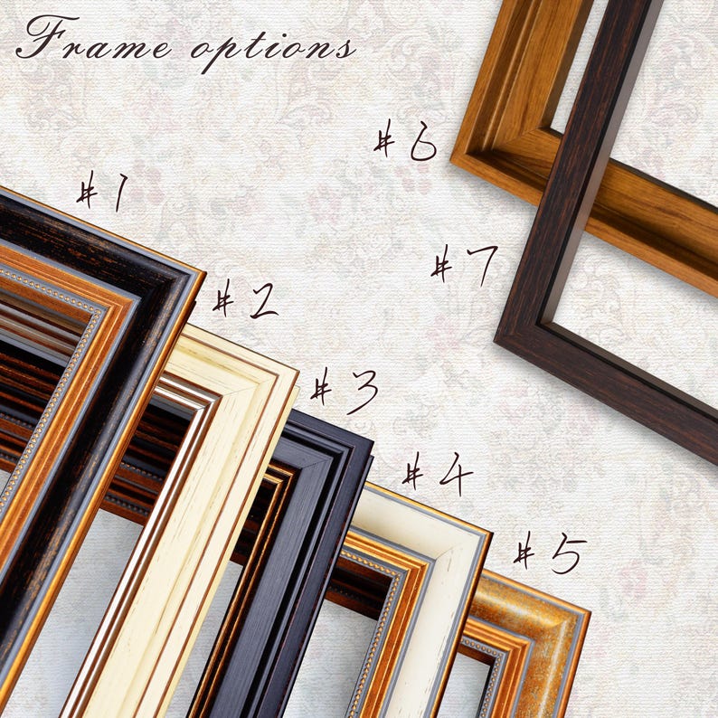 May include: A collection of seven rectangular picture frames labeled 1 through 7, featuring various finishes including dark wood, cream, black, and gold tones. The text Frame options is visible at the top left of the display of frame samples.
