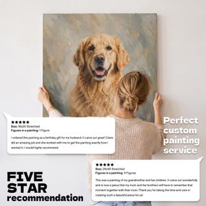 May include: A custom portrait painting of a golden retriever with a light brown coat and open mouth, set against a muted blue-grey textured background. The artwork is displayed in a rectangular frame, showcasing a detailed canine facial expression.