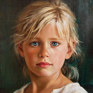 May include: A portrait of a young child with blonde hair and striking blue eyes. The child's skin has a rosy complexion, and they are wearing a white garment. The background is a dark, muted green.