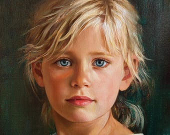 May include: A portrait of a young child with blonde hair and striking blue eyes. The child's skin has a rosy complexion, and they are wearing a white garment. The background is a dark, muted green.