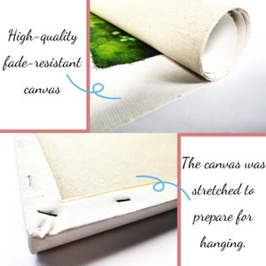 May include: A high-quality fade-resistant canvas print shown in two views. The top view shows the rolled edge of the textured canvas. The bottom view shows the back of the canvas stretched over a wooden frame and secured with metal staples.