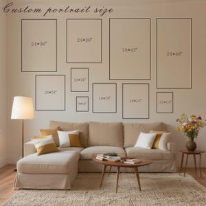 May include: A wall display guide featuring eleven rectangular outlines with dimensions in inches: 24x36, 24x30, 28x42, 24x48, 20x24, 12x16, 8x10, 16x20, 18x24, and 11x14. The text Custom portrait size is printed at the top left of the wall.