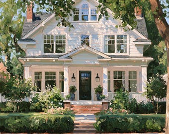 May include: An oil painting of a two-storey white house with a dark front door, a gabled roof, and multiple windows. The house is surrounded by green trees and manicured hedges, with a concrete walkway leading to the front porch entrance.