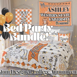 May include: A custom designed college announcement bed party bundle. The image shows a bed with a blanket, pillows, and a banner. The blanket and pillows have orange and black accents. Balloons in black and orange are in the corner.