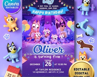 Invitation d'anniversaire de Bluey modifiable | Modèle de toile de dessin animé amusant | Téléchargement numérique