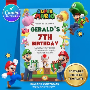Editable Nintendo Super Mario Birthday Invitation | Boys Girls Kids Party Invite | Canva Template for Instant Digital Download