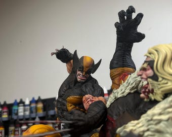 Handgemaakt diorama wolverine versus sabeltandhars: 3D-geprint beeldje