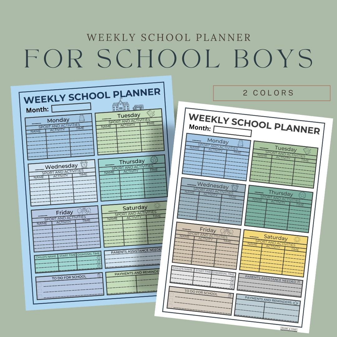 Weekly School Planner Printable Kids Activity Schedule A4 Student ...
