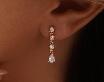 Sterling Silver Dangle Diamond Earrings, Four Diamond Drop Earrings, Gold Earrings, Wedding Earrings, Bridesmaid Gifts, Christmas Gifts