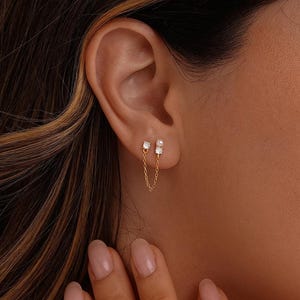 Pendientes de perlas y diamantes con doble perforación, pendientes colgantes con cadena dorada, pendientes de plata 925 con circonitas cúbicas y diamantes, regalo de joyería para ella, regalo de Navidad