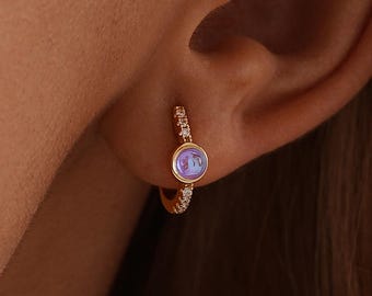 Dainty Moonstone Huggie Hoop Earrings, Sterling Silver Hoop Earrings, Minimalist Diamond Earrings, Birthstone Jewelry, Birthday Gift for Her