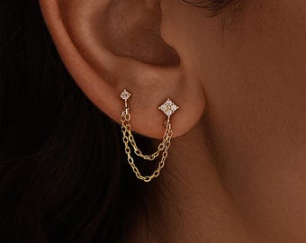 Double Piercing Diamond Earrings, Double Chain Drop Earring, Sterling Silver CZ Diamond Dangle Earrings, Girlfriend Gift, Christmas Gift