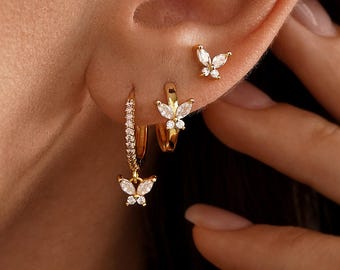 Conjunto de brincos de argola com borboletas e diamantes, brincos de argola empilháveis com borboletas, conjunto de joias minimalistas com zircônias, presente de aniversário para ela, brincos femininos.