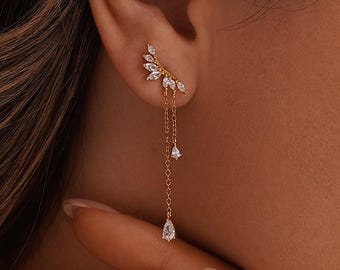 Boucles d'oreilles pendantes pendantes diamants délicats, Boucles d'oreilles à pampilles en diamants CZ, Boucles d'oreilles en argent sterling, Bijoux de mariage, Cadeaux de demoiselle d'honneur, Cadeaux de Noël