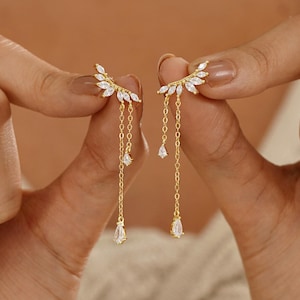 Dainty Diamond Dangle Drop Earrings, CZ Diamond Tassel Earrings, Sterling Silver Earrings, Wedding Jewelry, Bridesmaid Gifts,Christmas Gifts