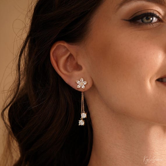 Minimalist Flower Diamond Drop Earrings, Dainty Dangle Diamond Earrings, Wedding Earrings, Gold Crystal Earrings, Bridesmaid Gifts for her