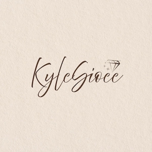 May include: A logo design with the name "KyleGioce" in a flowing, dark brown script. A diamond graphic with sparkles is positioned to the right of the name. The background is a light beige colour.