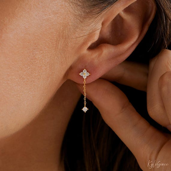 Dainty Four Leaf Clover Earrings, Diamond Flower Earrings, Tiny Sterling Silver Drop Earrings, Minimalist Floral Jewelry, Bridesmaid Gift