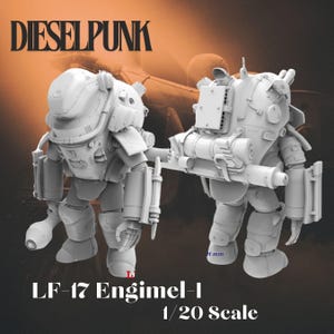 Pode incluir: Dois modelos brancos e detalhados de Dieselpunk LF-17 Engimel-I, escala 1/20, são exibidos. Os modelos têm uma aparência mecânica e blindada com designs intrincados. O texto "DIESELPUNK" está no topo e "LF-17 Engimel-I 1/20 Scale" na parte inferior.