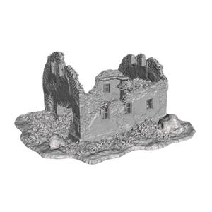 May include: A 3D printed model of a ruined building, showing the interior and exterior of the structure. The building is made of brick and has several windows and doors. The model is set on a base of rubble.