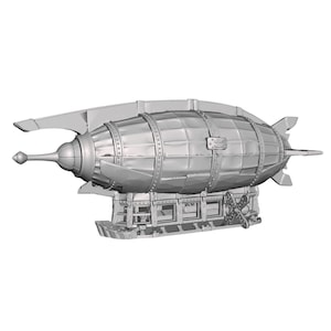 May include: A silver model of a steampunk airship with a propeller and a detailed design. The airship has a long, pointed nose and a large, round body.