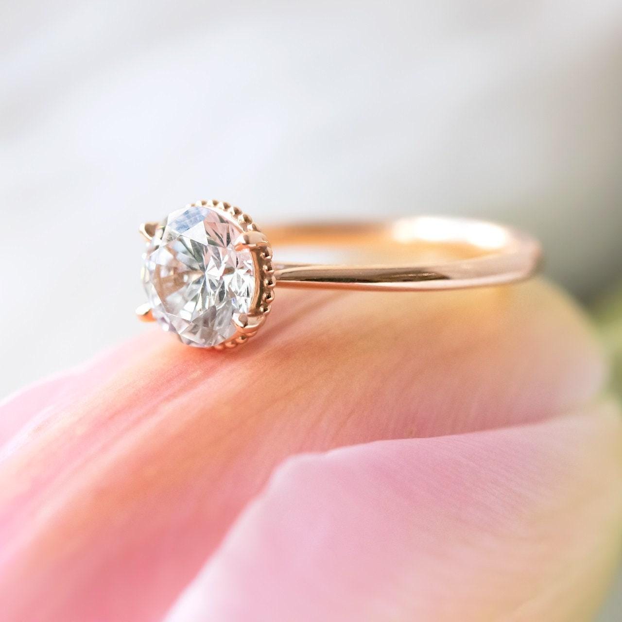 Solitaire Diamond Wedding Ring, Round Cut Moissanite Engagement