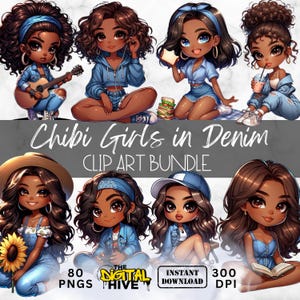 Puede incluir: Un paquete de clipart digital de ocho chicas de dibujos animados con atuendos de mezclilla. Las chicas son todas de diferentes colores y tienen diferentes peinados. El texto "Chibi Girls in Denim" y "Clip Art Bundle" está en la parte inferior de la imagen. El texto "80 PNGs", "The Digital Hive", "Descarga instantánea" y "300 DPI" está en la parte inferior de la imagen.