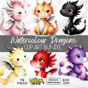Pacchetto Clipart di Baby Dragon, PNG acquerellati, Arte di draghi fantasy carini, Decorazioni per compleanni per bambini, Stampe per bambini, Articoli per feste, PNG a sublimazione