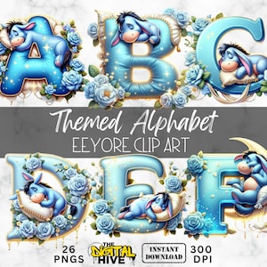 Bundle alphabet clipart Winnie l'ourson Bourriquet, anniversaire garçon et fille, baby shower, sublimation, transparent Disney, décoration de chambre