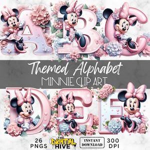 Paquete de alfabeto y números de Minnie Mouse PNG, para cumpleaños de niño y niña, baby shower, sublimación, Disney transparente, decoración de habitación, pegatinas
